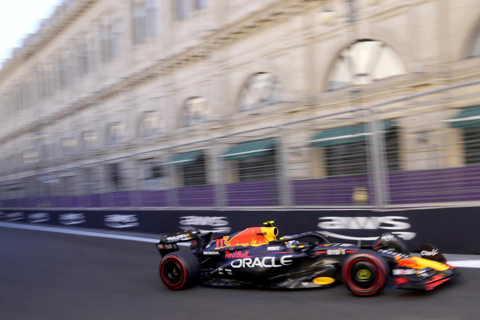 Red Bull driver Sergio Perez of Mexico steers his car during qualification ahead of the Formula One Grand Prix at the Baku circuit in Baku, Azerbaijan, Friday, April 28, 2023. The Formula One Grand Prix will be held on Sunday April 30, 2023. (AP Photo/Darko Bandic)