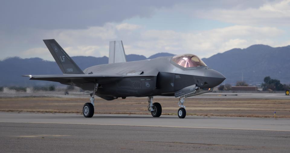 An F-35 taxis from the runway onto the flightline after successfully completing a sortie, Dec. 14, 2015, at Luke Air Force Base.