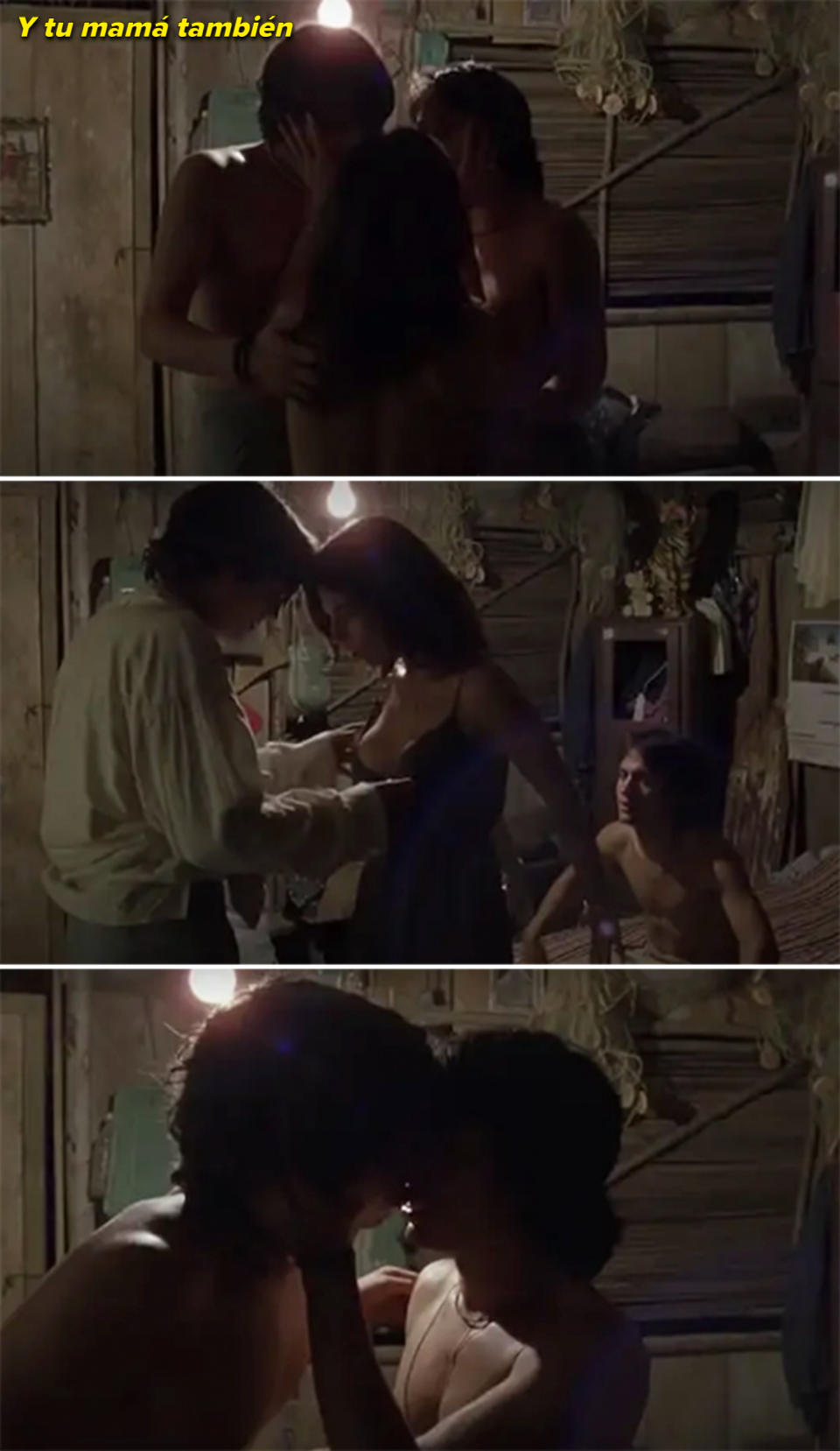 Three intimate scenes in a rustic room; a shirtless man embraces a woman with another shirtless man nearby looking on