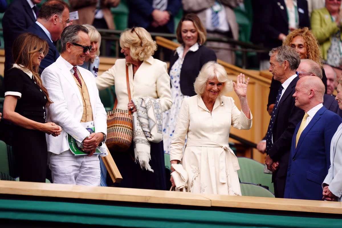 Queen Camilla in the Royal Box at Wimbledon, surrounded by other famous faces