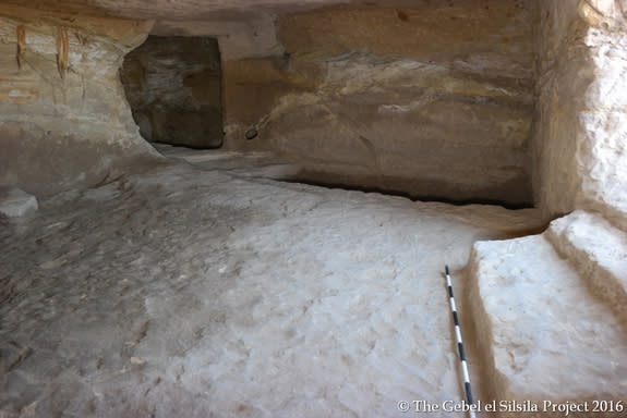 The interior of a two-roomed tomb (Tomb 14), one of three cleared of silt at Gebel el Silsila in Upper Egypt.