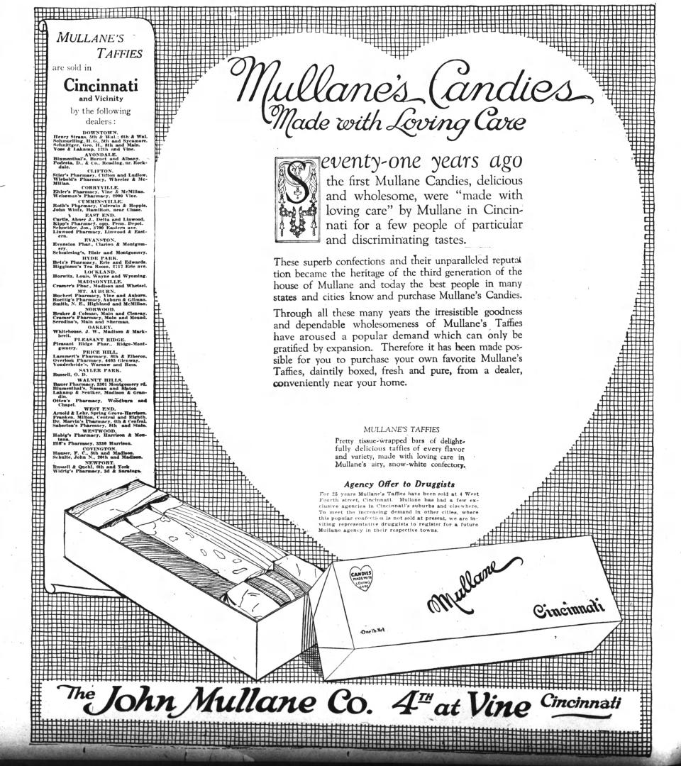 An advertisement for Mullane's Candies in Cincinnati appeared in The Cincinnati Enquirer, Sept. 21, 1919.