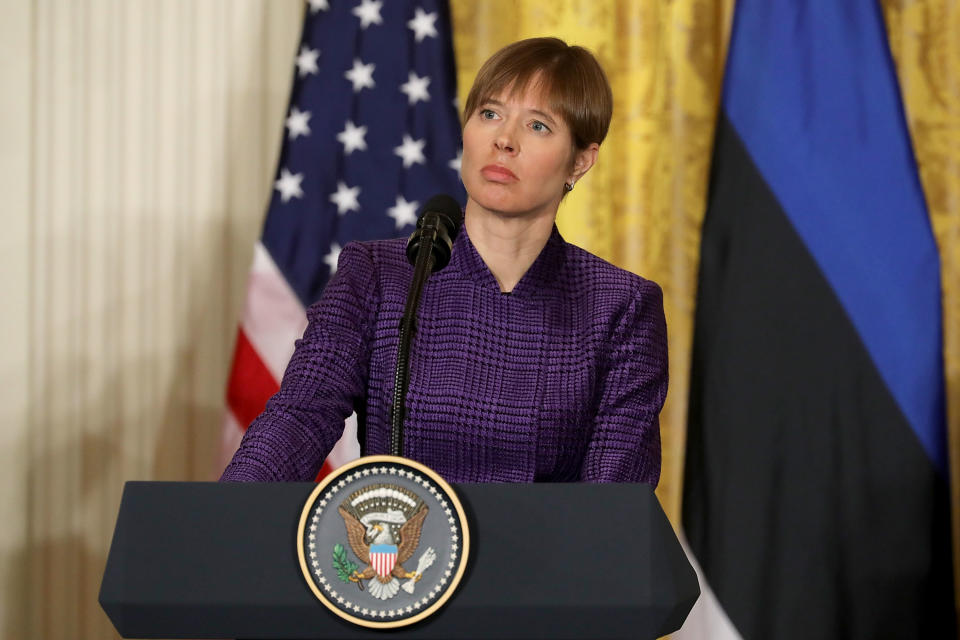 Estonian President Kersti Kaljulaid joins a news conference with President Donald Trump in the East Room of the White House April 3, 2018, in Washington, D.C. (Photo: Chip Somodevilla/Getty Images)