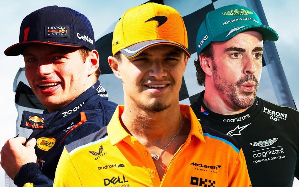 Lando Norris (centre), Max Verstappen (left) and Fernando Alonso (right)