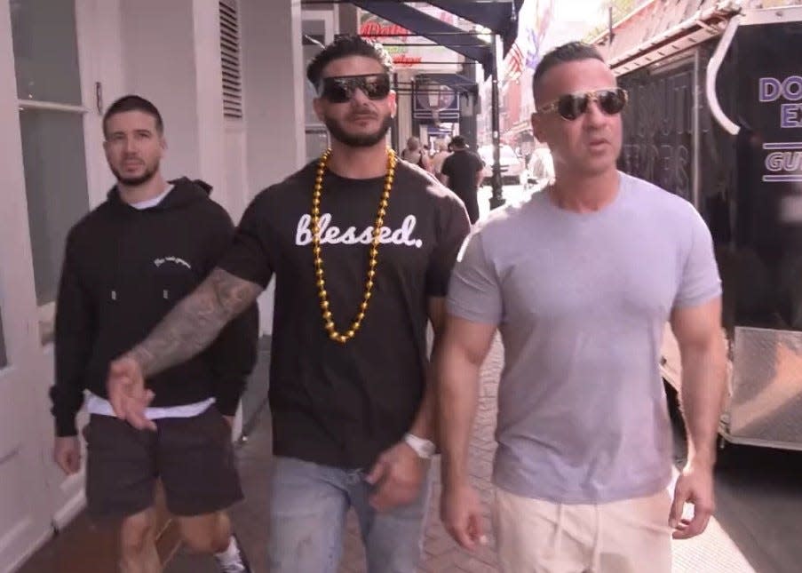 Vinny Guadagnino, Pauly "DJ Pauly D" DelVecchio, snd Mike "The Situation" Sorrentino on Season 6 of "Jersey Shore Family Vacation.