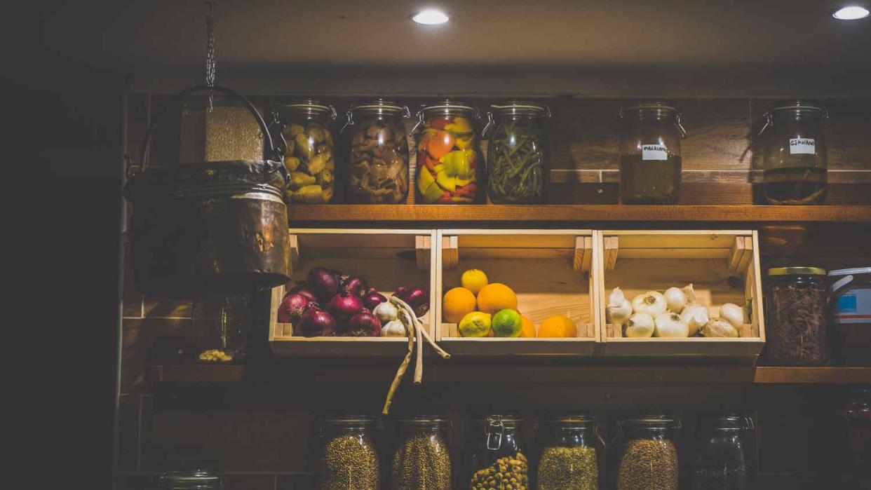 View of illuminated kitchen shelves