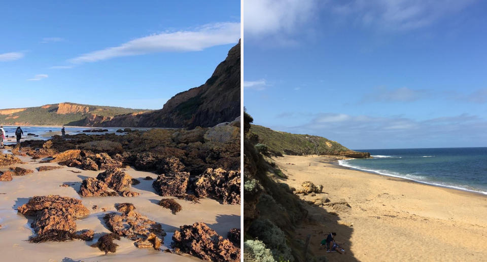 Left: Rock pools at Point Addis in Victoria. Right: Sand and water at Bells beach in Victoria. 