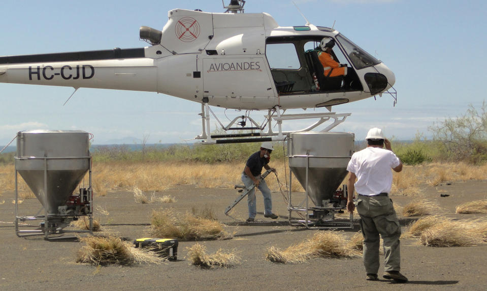 In this Nov. 11, 2012 photo released by Galapagos National Park, park staff test equipment that will hold poisonous bait to kill rats on the Galapagos Islands, as they stand on Baltra Island. To preserve the unique birds, reptiles and native plants that make the Galapagos Islands such an ecological treasure, authorities will start on Wednesday, Nov. 14, 2012 phase II of a mass kill-off of black and Norway rats, an invasive species introduced to the Pacific Ocean islands by whalers and buccaneers beginning in the 17 century. (AP Photo/Galapagos National Park)