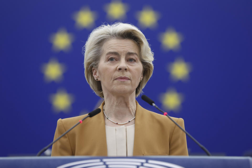 European Commission President Ursula von der Leyen delivers her speech at European Parliament in Strasbourg, eastern France, Tuesday, Feb. 6, 2024. The European Union’s executive shelved its anti-pesticides proposal Tuesday in yet another concession to farmers after weeks of protests blocked major capitals and economic lifelines across the 27-nation bloc. (AP Photo/Jean-Francois Badias)