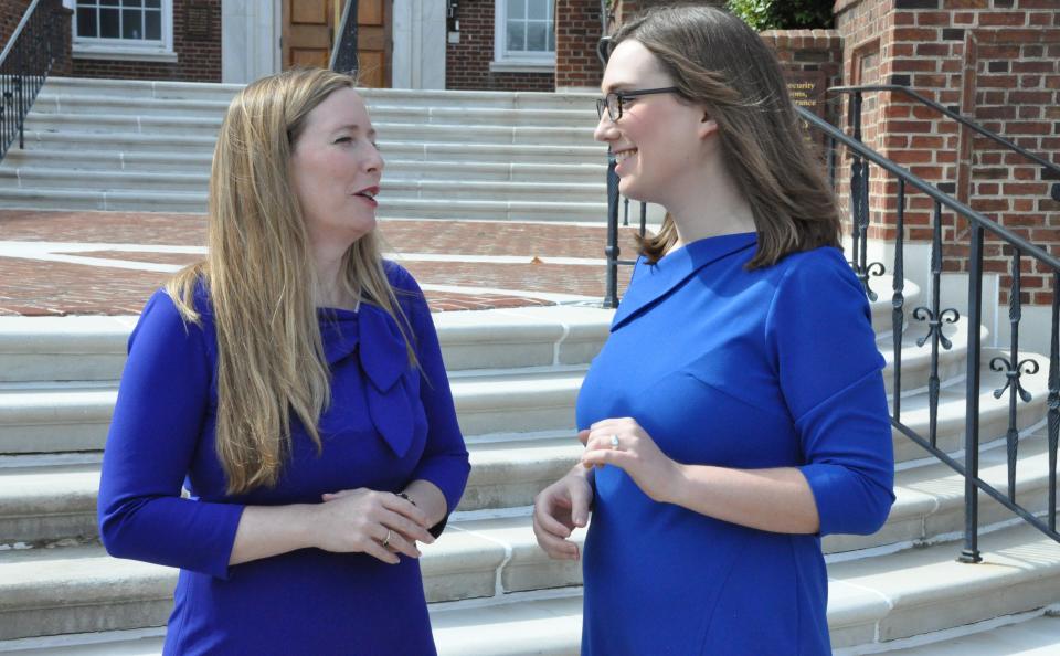 State Treasurer Colleen Davis, left, talks with state Sen. Sarah McBride after endorsing McBride for U.S. representative March 4 in front of Legislative Hall in Dover. Davis ended her own campaign for the Democratic nomination for U.S. representative in February.