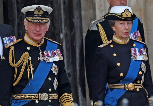 <div class="inline-image__caption"><p>Britain's King Charles III (L) and Britain's Princess Anne, Princess Royal (R) follow the coffin of Queen Elizabeth II as it is pulled on a gun carriage through the streets of London following her State Funeral service at Westminster Abbey in London on September 19, 2022.</p></div> <div class="inline-image__credit">MARC ASPLAND/POOL/AFP via Getty Images</div>