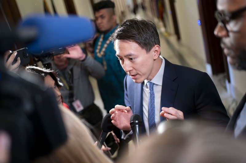 Tiktok CEO Shou Zi Chew speaks with the press after meeting with Sen. John Fetterman, D-Pa., at the U.S. Capitol in Washington, D.C., on March 14. File Photo by Bonnie Cash/UPI