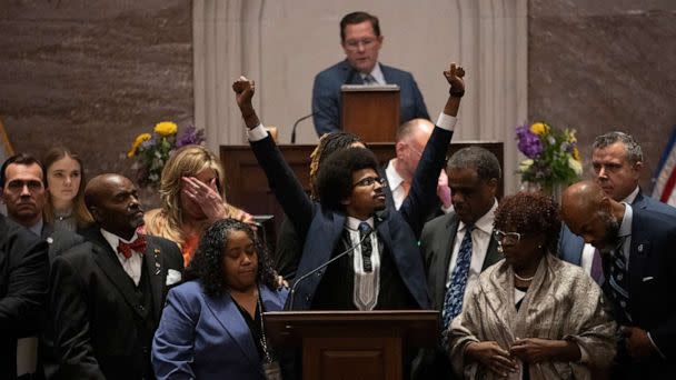 PHOTO: Former Rep. Justin Pearson raises his fists as he delivers his final remarks on the floor of the House chamber as he is expelled from the legislature on April 6, 2023, in Nashville, Tenn. (George Walker IV/AP)