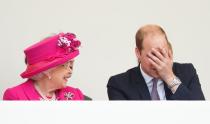 <p>"Oh granny, did you really just say that?!" is precisely what we imagine Prince William is saying with this hand on the face gesture. </p>