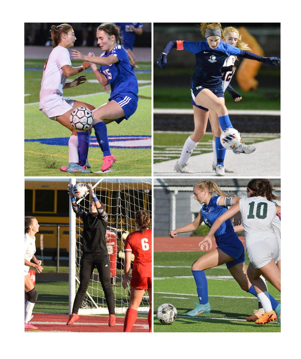 Some members of the 2023 girls soccer District 10 and region all-star teams include, top row, from left: Girard's Madison Soudan, left, and Seneca's Aubrey Hammill; McDowell's Claire Faulhaber, front; bottom row, from left: General McLane goalkeeper Bella Dibble; and Fort LeBoeuf's Emily Samluk, left.