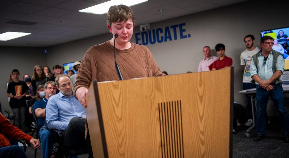 Bloomington High School South student Allison Schilling fights emotions as she speaks against the proposed schedule changes during the Monroe County Community School Corporation's monthly meeting on Tuesday, Oct. 24, 2023.