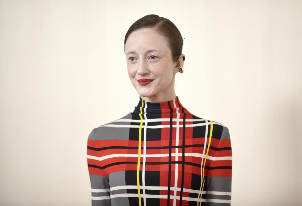 Andrea Riseborough arrives at the Oscars on Sunday, March 10, 2024, at the Dolby Theatre in Los Angeles. (Photo by Richard Shotwell/Invision/AP)