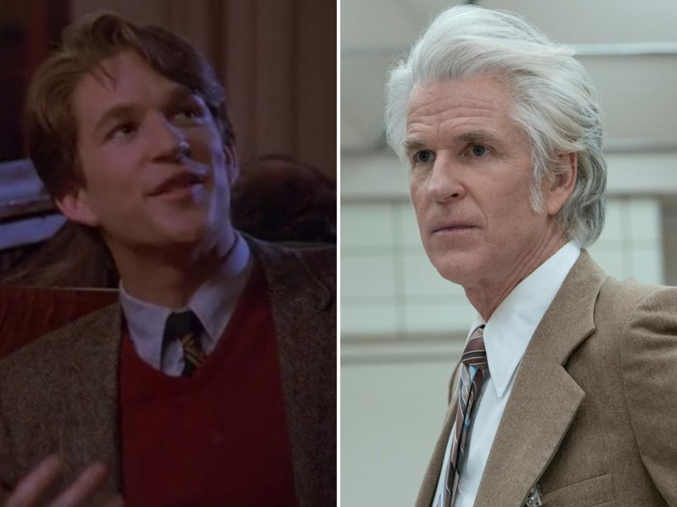 left: a young matthew modine in the film baby it's you, with floppy brown hair, a brown suit jacket, red vest, and tie; right: matthew modine in stranger things, older, with white voluminous hair and a light brown blazer