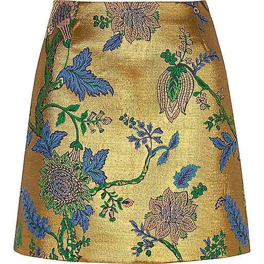 Gold Floral Embroidered Mini Skirt