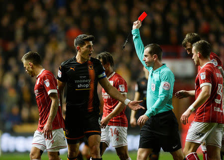 Soccer Football - Championship - Bristol City vs Wolverhampton Wanderers - Ashton Gate Stadium, Bristol, Britain - December 30, 2017 Wolves' Danny Batth is shown the red card and sent off by referee Peter Bankes Action Images/Alan Walter