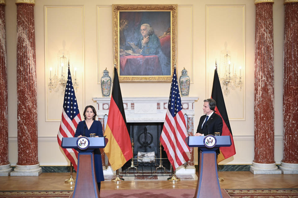 German Foreign Minister Annalena Baerbock speaks during a news conference with Secretary of State Antony Blinken at the State Department, Wednesday, Jan. 5, 2022, in Washington. (Mandel Ngan/Pool via AP)