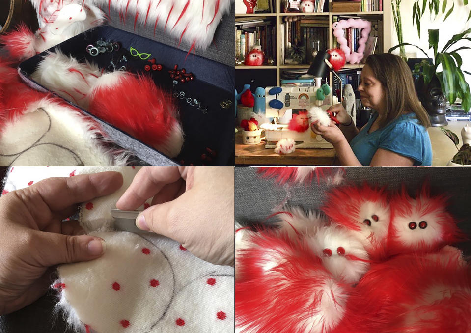 This combination of photos taken on July 25, 2020 shows Amy Micallef making her craft creations at her home. While Broadway stages remain dark due to the pandemic, Broadway workers are concentrating on side hustles. Micallef, a Broadway seamstress who has worked in the wardrobe departments of “Hamilton,” “Waitress” and “Frozen,” makes gleeful representations of COVID-19 for sale, complete with a pair of eyes and faux fur. (Amy Micallef via AP)