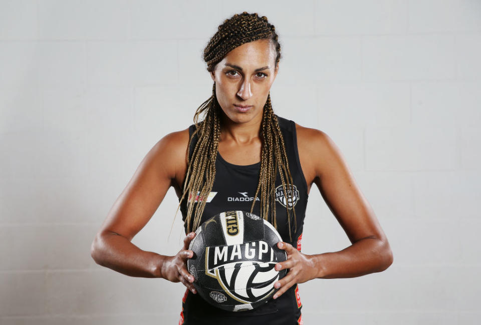 MELBOURNE, AUSTRALIA - APRIL 16: Geva Mentor of the Magpies poses during the Netball Australia 2019 Season Launch at TwoTonMax on April 16, 2019 in Melbourne, Australia. (Photo by Michael Dodge/Getty Images)