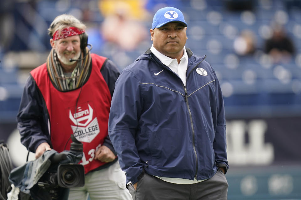 FILE - BYU head coach Kalani Sitake looks on before the start of their NCAA college football game against Boise State in Provo, Utah, in this Saturday, Oct. 9, 2021, file photo. BYU coach Kalani Sitake said he has known Baylor coach Dave Aranda for a long time, and that they have shared a lot of ideas and philosophies about coaching. Baylor and BYU meet in a matchup of 5-1 teams on Saturday, Oct. 16, 2021.(AP Photo/Rick Bowmer, File)