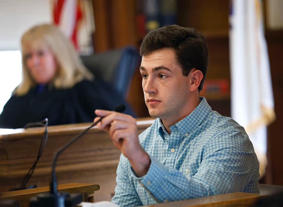 Witness Colin Albert takes the stand during Karen Read's murder trail at Dedham Superior Court on Wednesday, May 15, 2024, in Dedham, Mass (AP)