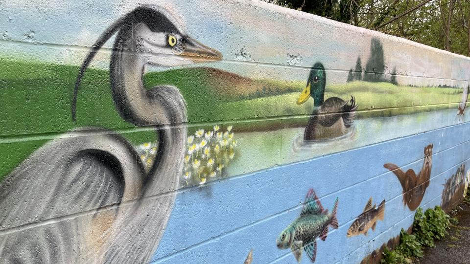 Riverside mural painted on the wall at Stonebridge Wild River Reserve