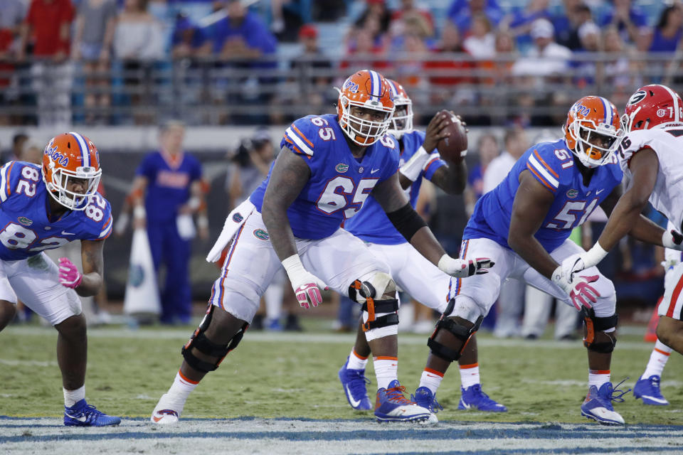 JACKSONVILLE, FL - OCTOBER 28: Jawaan Taylor #65 of the Florida Gators in action during a game against the Georgia Bulldogs at EverBank Field on October 28, 2017 in Jacksonville, Florida. Georgia defeated Florida 42-7. (Photo by Joe Robbins/Getty Images)