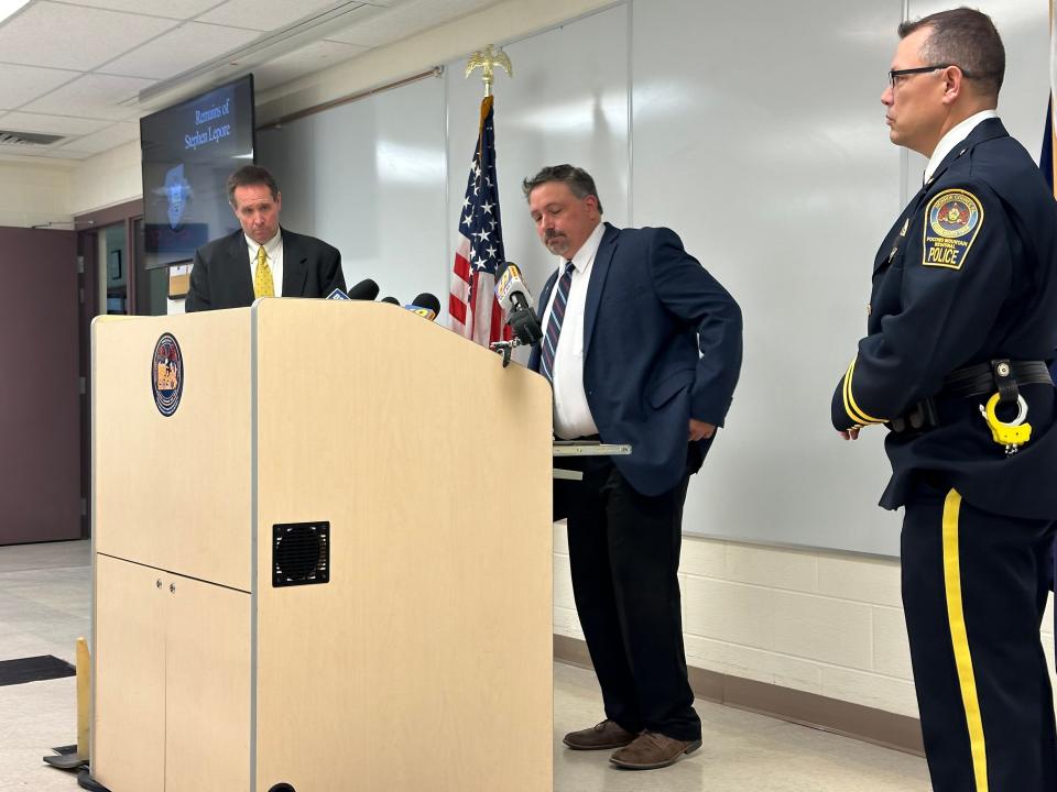 From left to right: Monroe County District Attorney's Office Detective Craig VanLouvender, Monroe County First Assistant DA Michael Mancuso, and Pocono Mountain Regional Police Department Chief Chris Wagner during a press conference on Friday, Oct. 20, 2023.