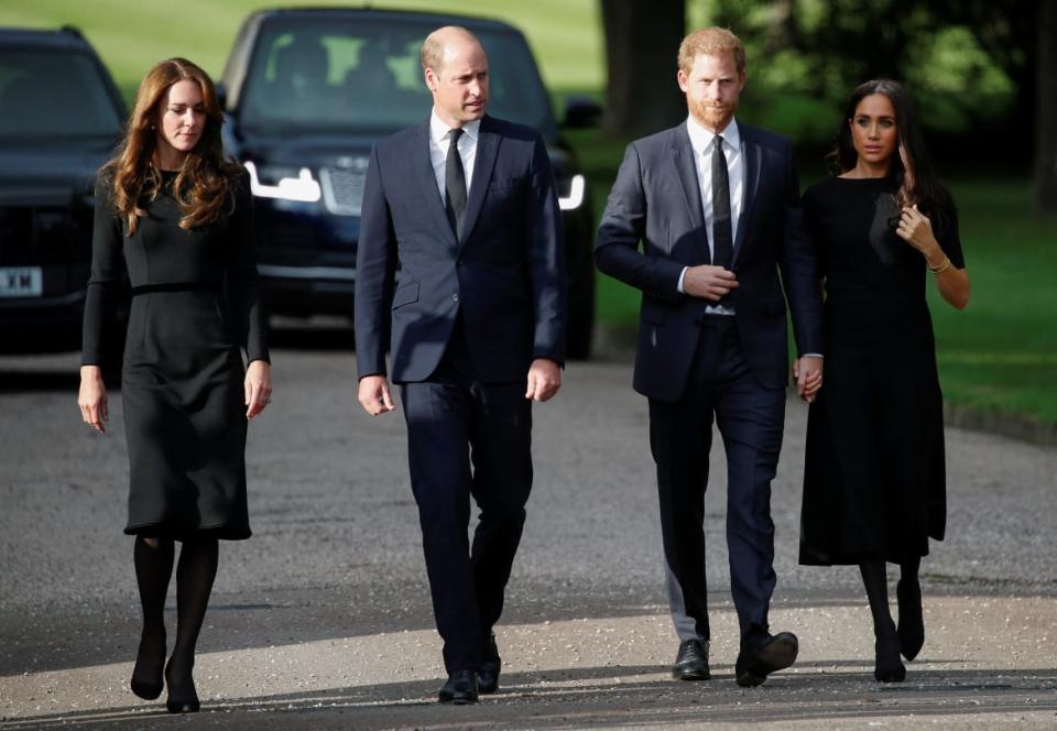 <div class="inline-image__caption"><p>Britain's William, Prince of Wales, Catherine, Princess of Wales, Prince Harry and Meghan, the Duchess of Sussex walk outside Windsor Castle, following the passing of Britain's Queen Elizabeth, in Windsor, Britain, September 10, 2022.</p></div> <div class="inline-image__credit">Peter Nicholls via Reuters</div>