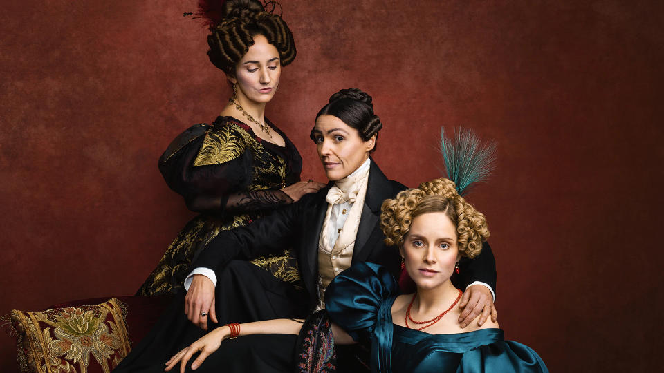 The cast of Gentleman Jack sitting for a portrait in official art for Gentleman Jack season 2