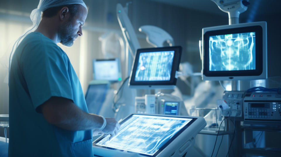 A medical professional in a hospital room with modern medical devices in the background.