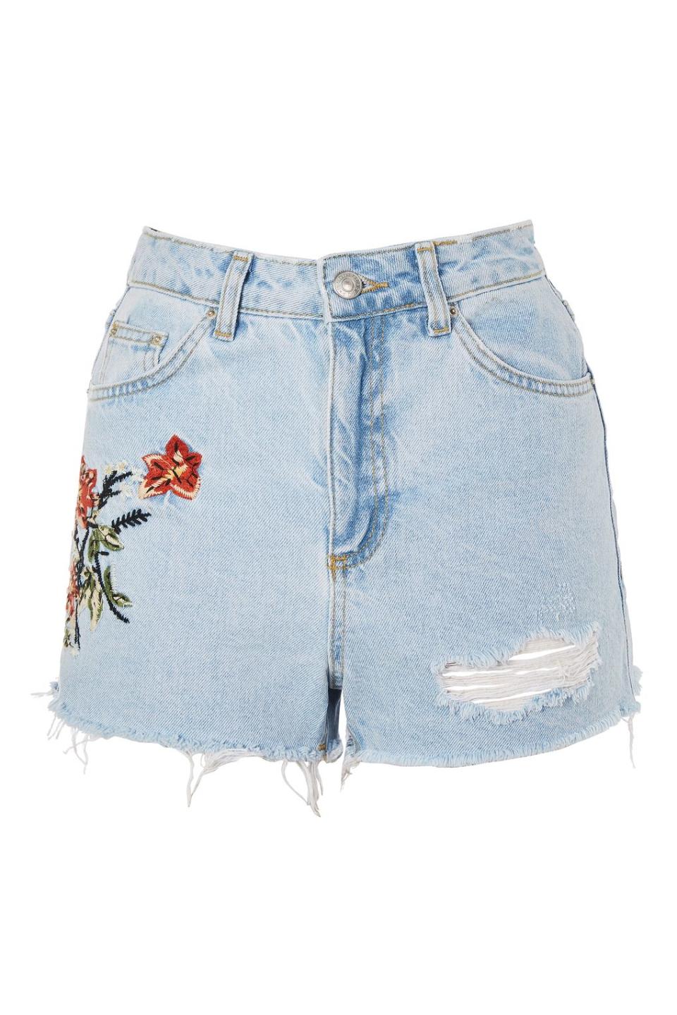 <p>MOTO Flower Embroidered Mom shorts, £34, <a rel="nofollow noopener" href="http://www.topshop.com/en/tsuk/product/clothing-427/moto-flower-embroidered-denim-mom-shorts-6473279?bi=0&ps=20" target="_blank" data-ylk="slk:Topshop;elm:context_link;itc:0;sec:content-canvas" class="link ">Topshop</a></p>