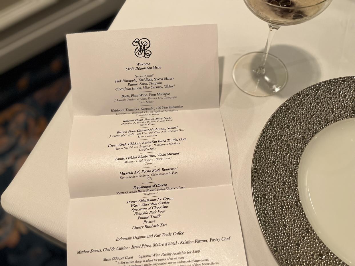 The menu served inside the intimate Queen Victoria's Room offers several more courses than the standard dining room menu at Victoria and Albert's. (Photo: Terri Peters)