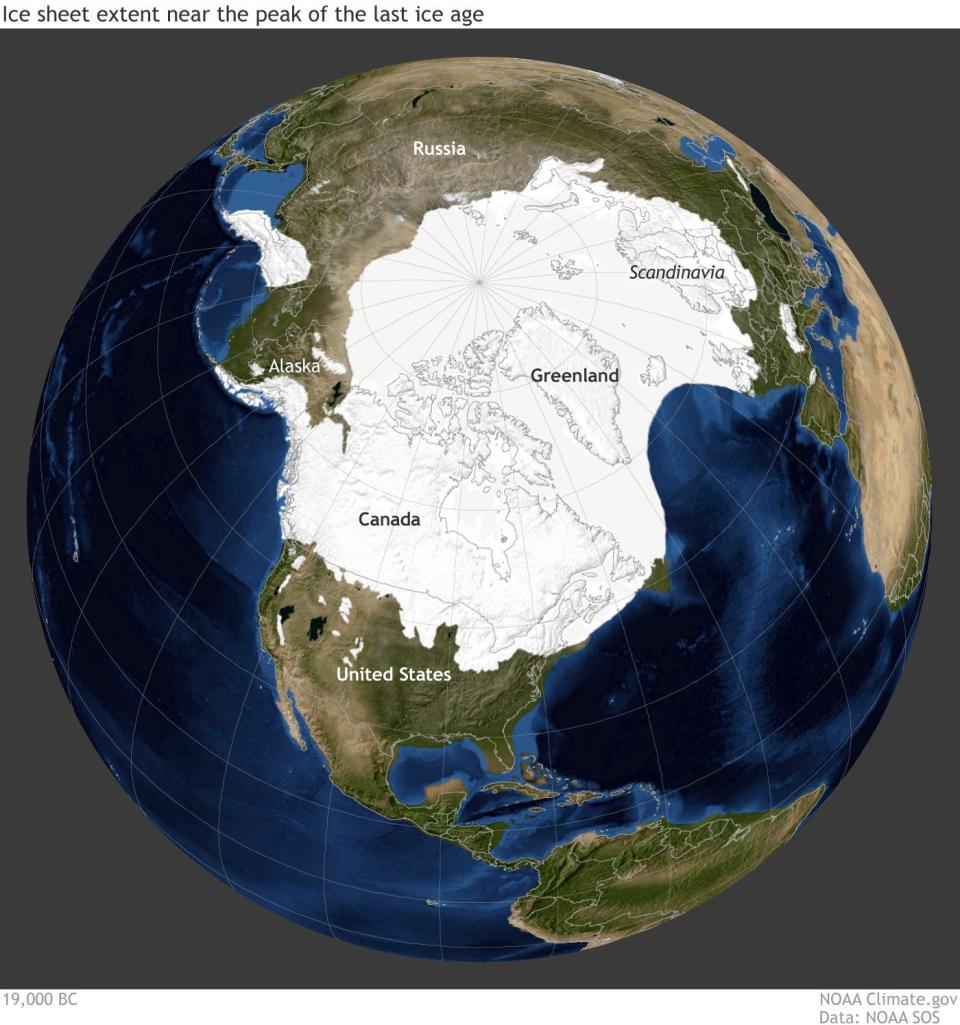 Around 21,000 years ago, glaciers covered most of Canada. - Copyright: NOAA Climate.gov