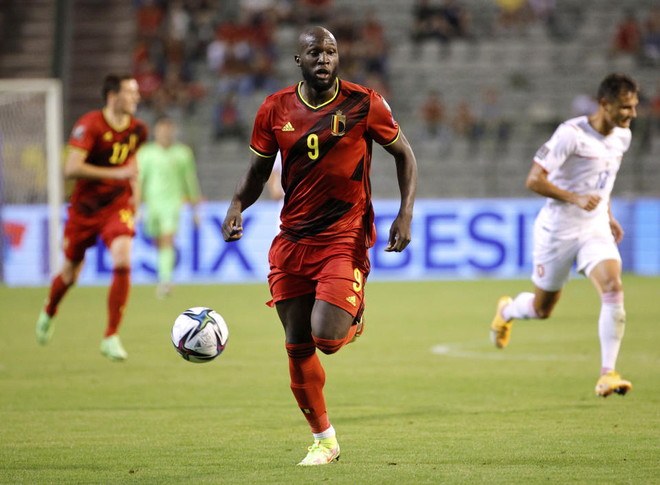 FILE - Belgium's Romelu Lukaku, center, in action during the World Cup 2022 group E qualifying soccer match between Belgium and the Czech Republic at King Baudouin stadium in Brussels, Sunday, Sept. 5, 2021. (AP Photo/Olivier Matthys, File)