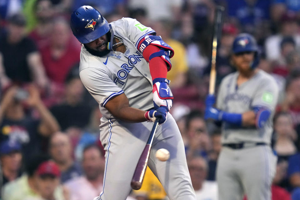 Toronto Blue Jays' Vladimir Guerrero Jr. hits a double against the Boston Red Sox during the third inning of a baseball game at Fenway Park, Tuesday, June 25, 2024, in Boston. (AP Photo/Charles Krupa)