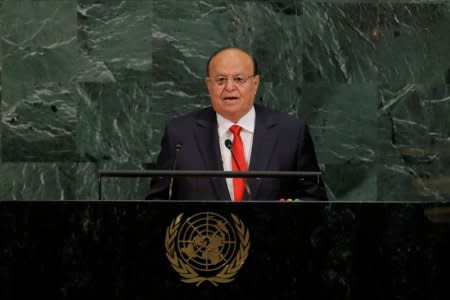 FILE PHOTO - Abdrabbuh Mansour Hadi Mansour, President of the Republic of Yemen, addresses the 72nd United Nations General Assembly at U.N. headquarters in New York, U.S., September 21, 2017. REUTERS/Lucas Jackson