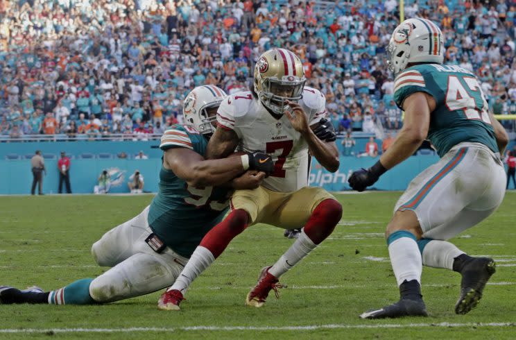 One of Colin Kaepernick's best performances of 2016 happened in a loss to the Dolphins in Miami. (AP) 