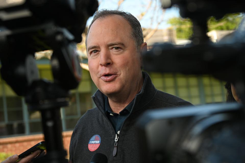 U.S. Representative and 2024 U.S. Senate candidate Adam Schiff (C), Democrat of California, speaks to the press after voting during the Super Tuesday presidential primaries in Burbank, California, on Super Tuesday, March 5, 2024.