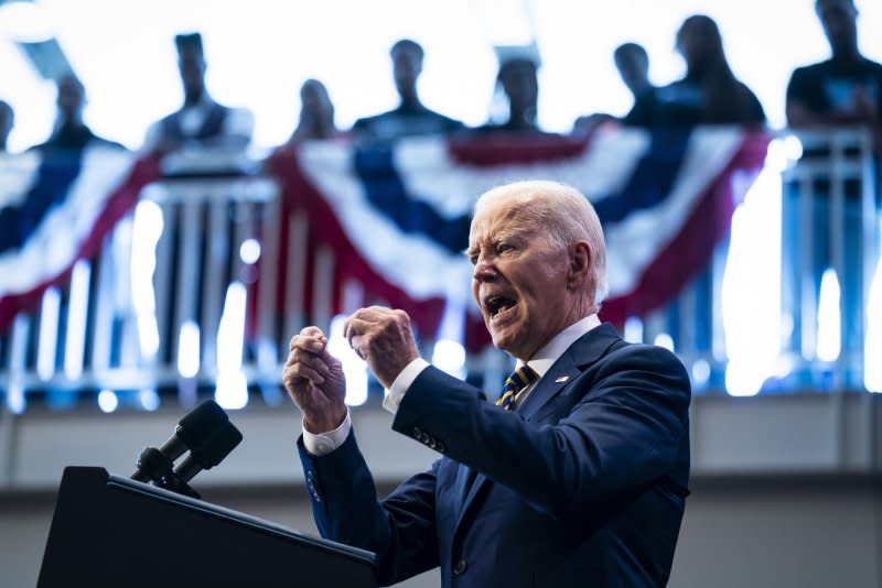 President Joe Biden, who has reclaimed the term Bidenomics from
skeptics of his economic policies, contrasted his vision with the MAGAnomics of
his rivals in a Maryland speech Thursday. Photo by Al Drago/UPI