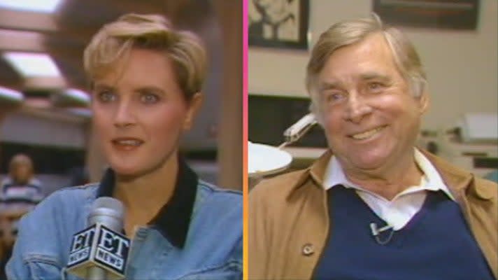 Two photos. Left: Crosby on the 'Next Generation' set, getting interviewed by ET. Right: Roddenberry speaking to ET in his office.
