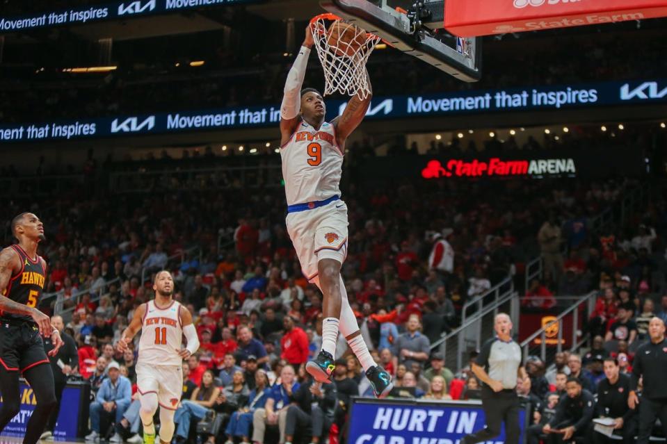 Oct 27, 2023; Atlanta, Georgia, USA; New York Knicks guard RJ Barrett (9) dunks against the Atlanta Hawks in the second quarter at State Farm Arena. Mandatory Credit: Brett Davis-USA TODAY Sports