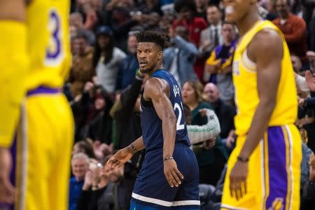 Oct 29, 2018; Minneapolis, MN, USA; Minnesota Timberwolves guard Jimmy Butler (23) stares at Los Angeles Lakers players in the fourth quarter at Target Center. Mandatory Credit: Brad Rempel-USA TODAY Sports