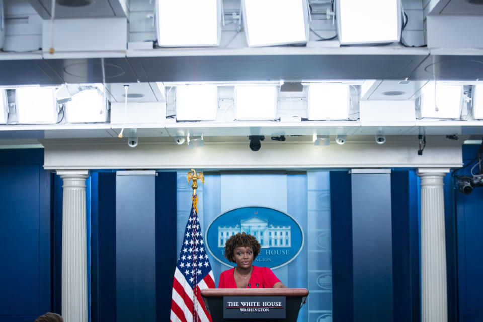 Karine Jean-Pierre, White House press secretary, speaks during a news conference in the James S. Brady Press Briefing Room at the White House in Washington, D.C., US, on Monday, May 16, 2022.<span class="copyright">Al Drago/Bloomberg via Getty Images</span>