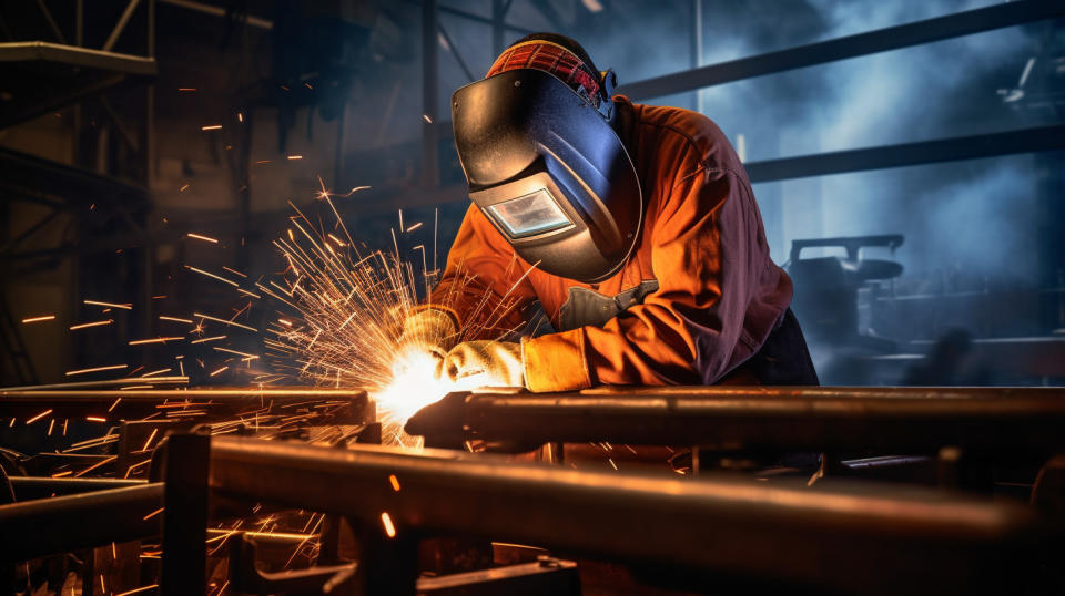 A metal fabricator welding a steel structure.