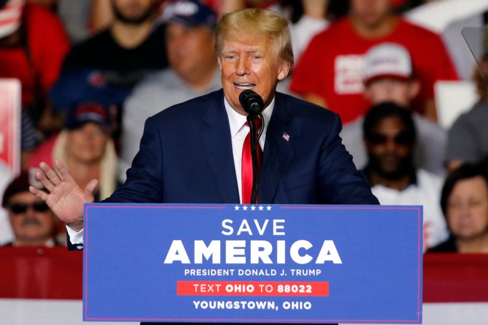 Former President Donald Trump speaks at a campaign rally in Youngstown, Ohio, on Sept. 17.